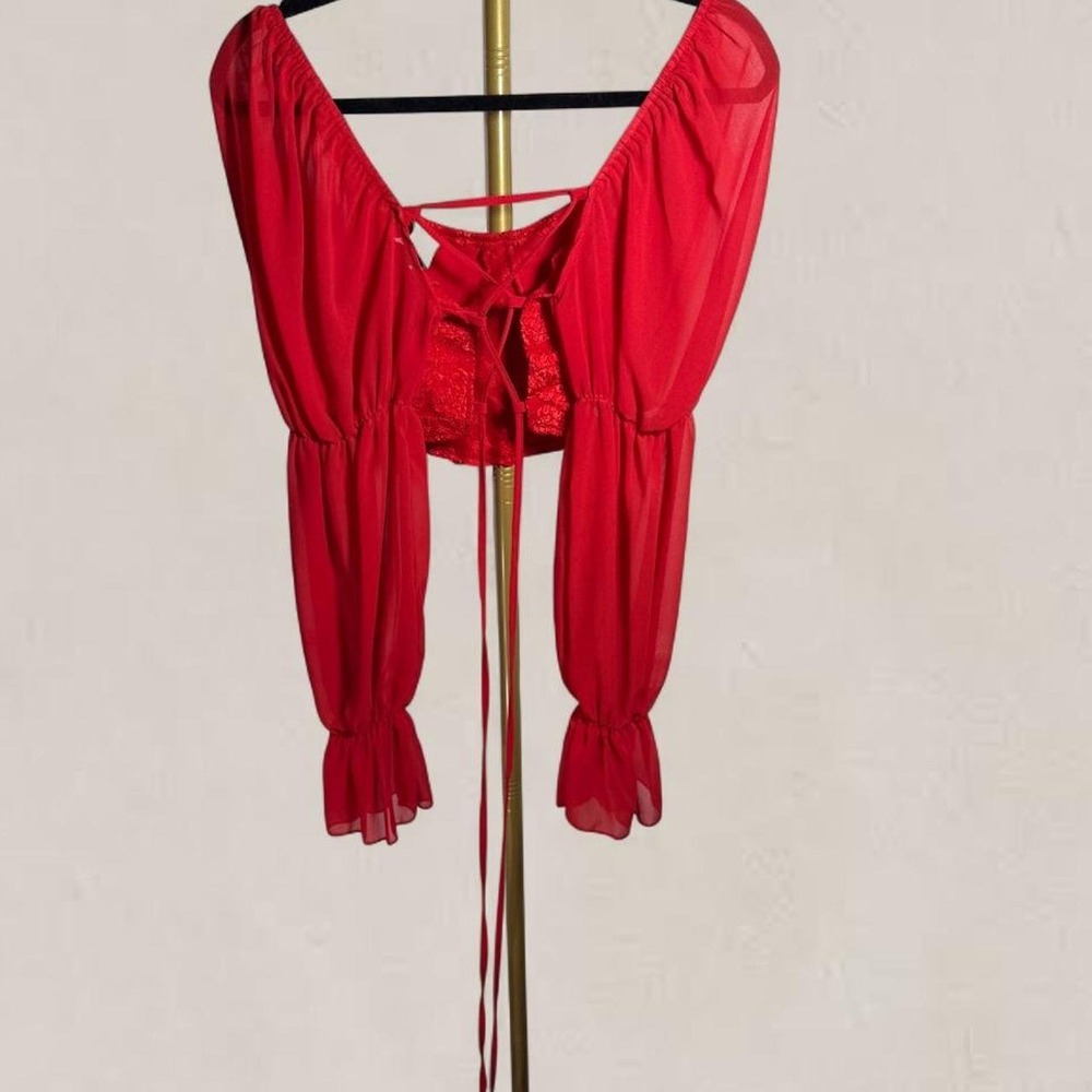 SHEIN Red Lace Corset Crop Top Sheer Puff Sleeve Tie Back Size Large - Picture 7 of 7
